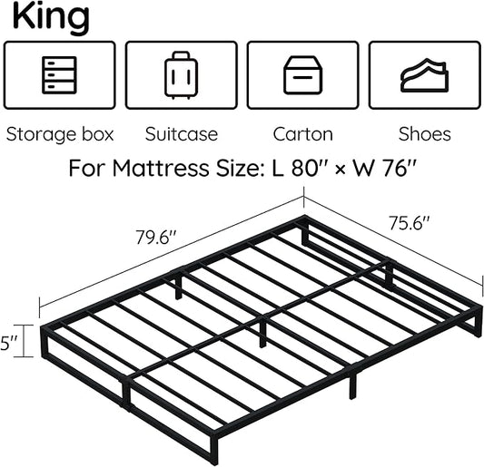 5 Inch King Size Bed Frame Metal Platform Mattress Foundation with Steel Slat Support, No Box Spring Needed, Easy Assembly, Black