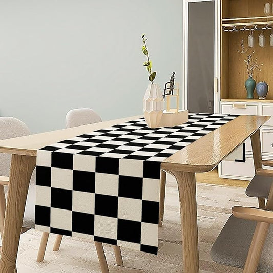Black White Plaid Table Runner Racing Car Theme for Birthday Reunion Party Home Kitchen Dining Room Dinner Runner Decor 13x120in