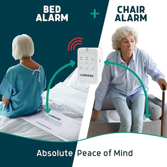 Lunderg Bed Alarm for Elderly Adults & Chair Alarm Set - Wireless Early-Alert Sensor Pad, Chair Pad & Pager - Bed Alarms and Fall Prevention for Elderly and Dementia Patients - Full Caregiver Set