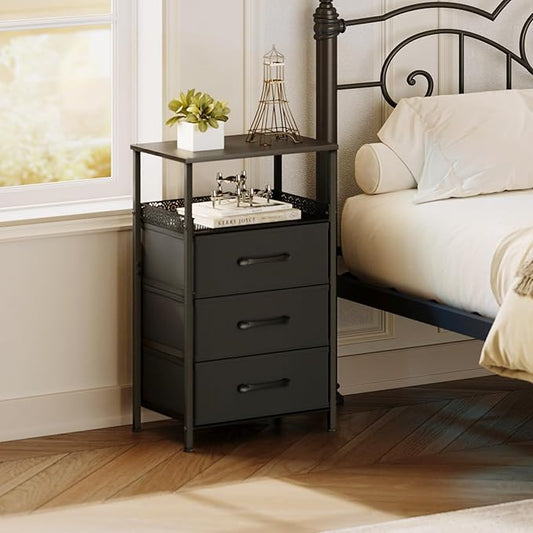 Nightstand Set of 2, Night Stands with 3 Fabirc Drawers, 26.4 Inch Tall Bedside Table with Metal Shelf, Modern Side End Table Storage Furniture, Small Dresser for Bedroom, Black