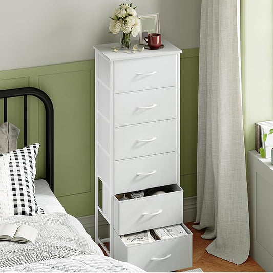 Somdot Tall Dresser for Bedroom with 6 Drawers, Storage Organizer Chest of Drawers with Removable Fabric Bins for Closet Bedside Living Room Laundry Entryway Hallway, White Leather