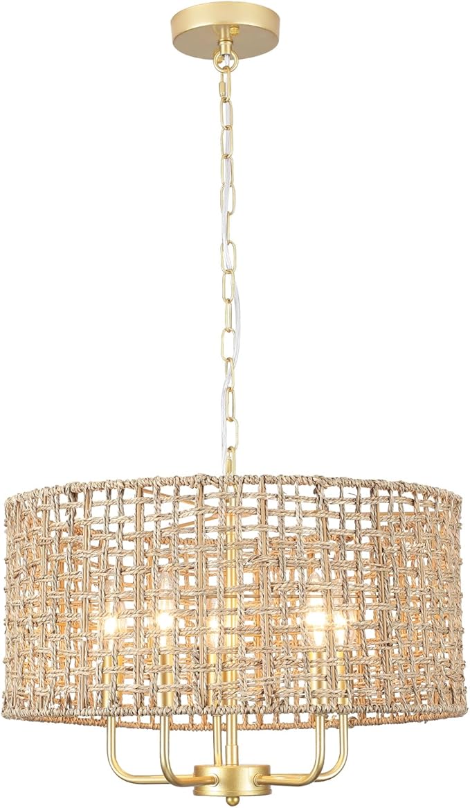 5-Light Gold Rattan Chandelier Large Hand Woven Farmhouse Chandelier with Wicker Shade Rustic Boho Pendant Light Fixtures Drum Chandeliers for Dining Room Kitchen Living Room Foyer Entryway Hallway