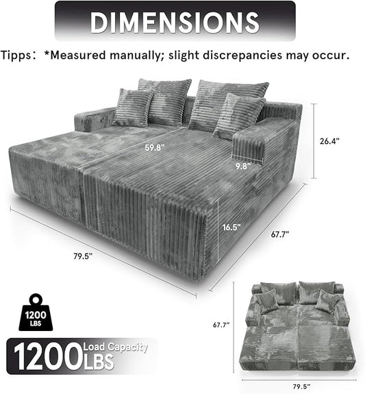 SYTOPIA Loveseat Chaise Lounge with Armrests, Oversized Sofa Bed with 4 Pillows, Cozy Boneless Sleeper, Modular Sectional Couch for Living Room Bedroom, Floor Chair Furniture sala Corduroy, Urban Grey