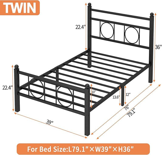 Twin Size Bed Frame Classic Metal Platform Bed Frame Mattress Foundation with Victorian Style Iron-Art Headboard/Footboard/Storage Space/No Box Spring Needed/Black