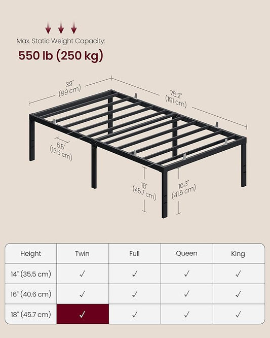 VASAGLE Twin Metal Bed Frame 18 Inches Tall, 550 lb Weight Capacity, No Box Spring Needed, with Under-Bed Storage, Easy Setup, Heavy-Duty Platform Bed, Mattress Retainers, Matte Black URMB673BD02S