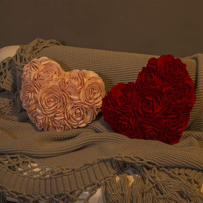 JWH Heart Flower Throw Pillow Covers Decorative Floral Shaped Accent Cushion Soft Pillowcase for Sofa Couch Living Room Bed Chair 14x16 Inches Red