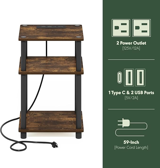 Furinno Just 3-Tier Turn-N-Tube USB and Type-C Charging Port End Table with Open Storage, 11.42 (W) x 8.82 (H) x 6.77 (D) inches, Amber Pine/Black