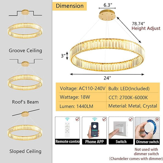24'' Modern Ring Chandelier Crystal Chandeliers for Dining Room Round LED Dimmable Ceiling Light Fixture for Living Room Bedroom Lighting Gold