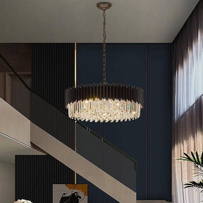 Black Crystal Chandelier 30'' K9 Crystal Round Pendant Lights Adjustable 6-Tier Large Modern Crystal Chandelier Light 12-Lights for Dining Room Living Room Kitchen Foyer Entryway