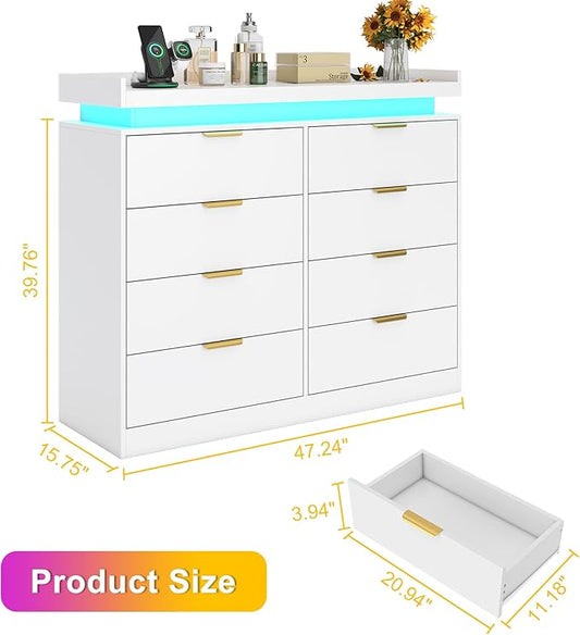 8 Drawer Dressers for Bedroom, White Dresser with LED Lights and Power Outlet, Wood LED Dresser, Double Wide Modern Chest of Drawers for Bedroom, Entryway, Hallway