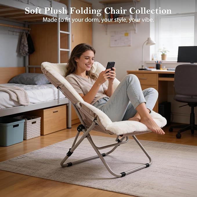 Saucer Chair, Comfy Bedroom Chairs, Oversized Folding Faux Fur Chair, Foldable Metal Frame Chair for Living Room, Balcony, Patio, Study, Playroom (Beige)