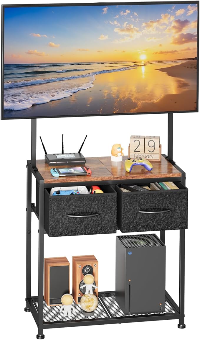 23-50 Inch Corner TV Stand with Mount and 2 Fabric Drawers, Floor Small TV Stand for Bedroom Living Room, Entertainment Center with Storage Shelves, Television Stands TV Console Table, Black & Brown