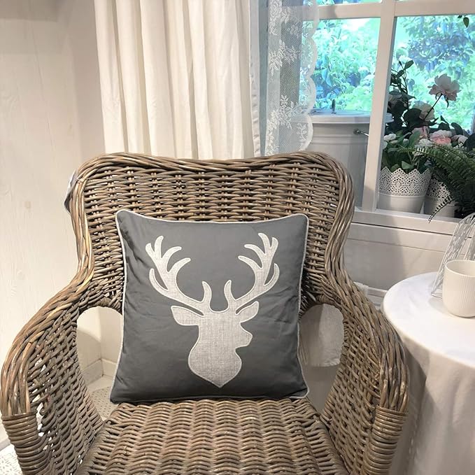 Deer Head Pillow Case Decorative Cotton Linen Embroidered Cushions Covers 18x18 Inches (Grey) …