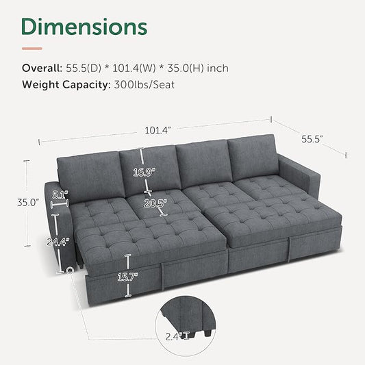 HONBAY Modular Sectional Sleeper Sofa with Pull Out Couch Bed, Convertible Sectional Couches for Living Room,Bluish Grey