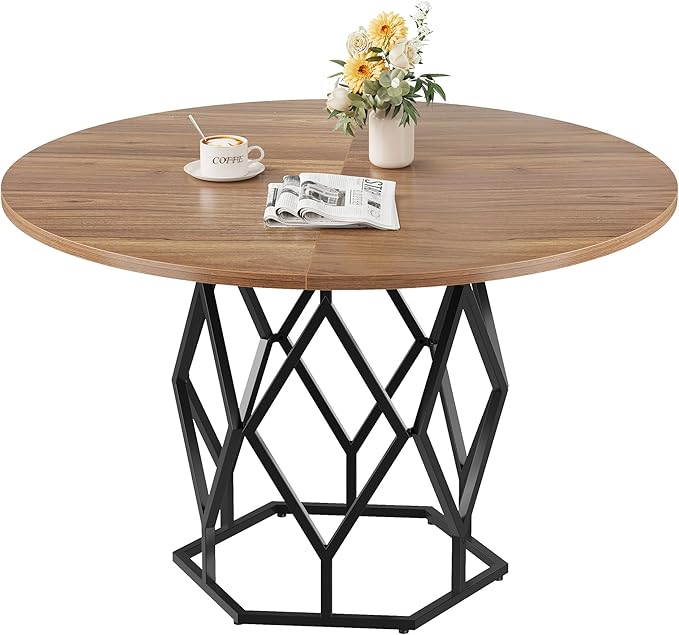GarveeHome 47-inch Round Dining Table for 4-6 People, Farmhouse Kitchen Table with Diamond Metal Base, Industrial Wood Circle Dinner Table for Dining Room, Kitchen, Living Room, Brown