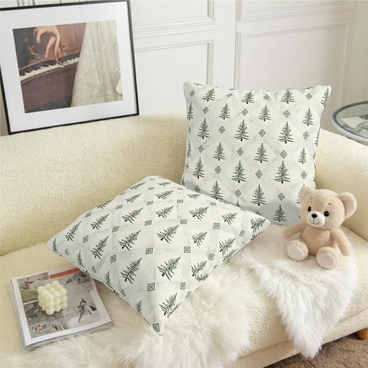 Green White Christmas Tree Pillow Covers 24x24 Set of 2 Xmas Boho Farmhouse Vintage Rustic Print Pillow Case Winter Decorative Outdoor Cushion Case for Home Couch Patio
