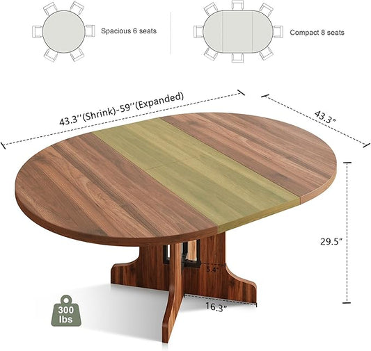 Feonase 59" Round Extendable Dining Room Table for 4-6, Modern Oval Kitchen Table with Heavy Duty Wood Base, Metal Frame Support, for Dining Kitchen Living Room, Easy Assembly, Noise-Free, Walnut