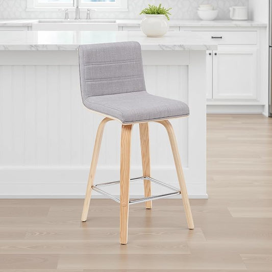 Vienna Modern Counter Height Swivel Bar Stool with Grey Upholstered Seat and Patterned Oak Wood Frame Set of 3