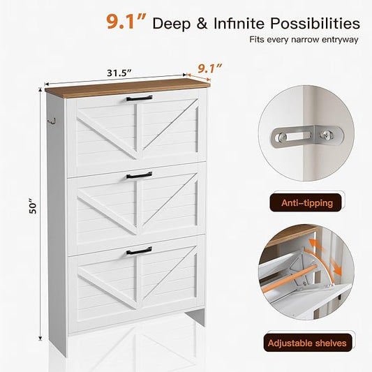 Nicetree Barn Door Shoe Cabinet for Entryway - Modern Farmhouse Shoe Storage Cabinet with 3 Flip Drawers - Slim Hidden Shoe Organizer for 24-32 Pairs - Fits Size 12 Work Boots White