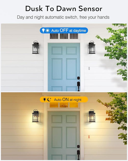 Dusk to Dawn Outdoor Lighting, Black 2 Pack Outside Lights for House with Gold Trim, Modern Exterior Light Fixtures, Outdoor Wall Lanterns for Porch, Garage, Doorway, Anti-Rust, Waterproof