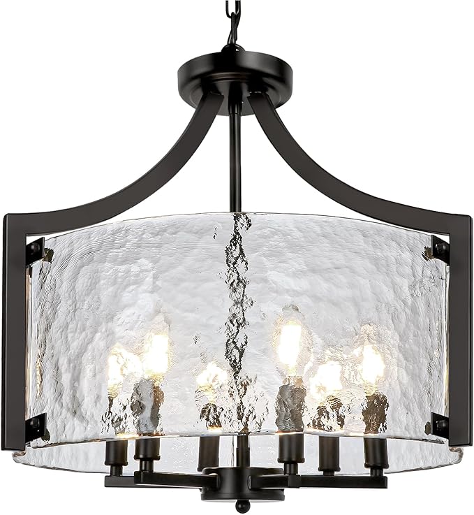 6-Light Black Chandelier, Glass Hanging Pendant Lighting, Convertible Semi Flush Mount Ceiling Light Fixture Modern Textured Glass Chandeliers for Dining Room Kitchen Foyer Entryway