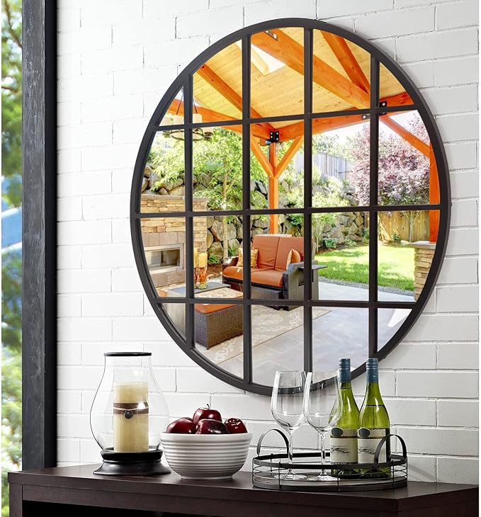 36 Inch Round Grid Wall Mirror, Metal Framed Window Pane Circle Mirror, Accent Decorative Mirrors, Circle Window Mirrors for Entry, Living Room, Bedroom, Matte Black