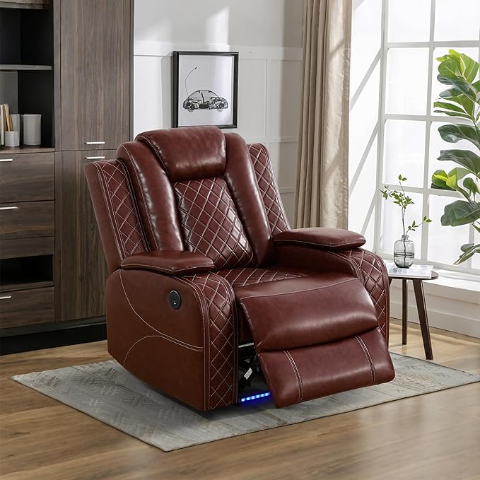 Power Recliner Sectional Couch with LED, Leather Reclining Sofa for Living Room, Muti-Functional Recliner Corner Sofa with Storage Console/Cup Holders/USB Ports (Dark Red, SECTIONAL+Chair)