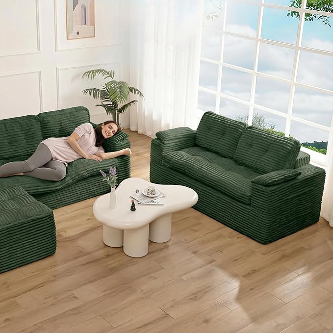 60in Loveseat Sofa, Boneless Cloud Couch Sofa for Living Room 2 Seater Modern Lounge Sleeper Couch with Removable Cover Corduroy with Armrest, Seat Cushion & Pillows for Small Spaces, Green