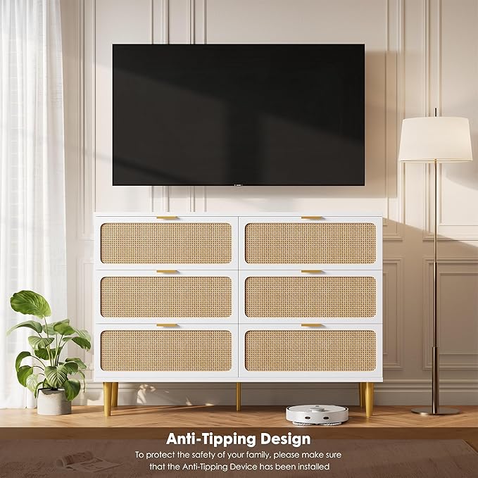 GarveeHome Rattan 6 Drawer Dressers for Bedroom, Large Double Dresser with Deep Drawers, Chest of Drawers for Closet with Wide Top, Long Wooden Dresser for Living Room, Hallway, Kids Room, White