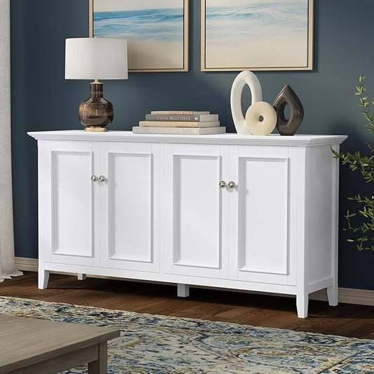 SIMPLIHOME Amherst Storage Cabinet - 66 inch Wide Solid Wood 4-Shelf Sideboard Cabinet in White, Transitional Buffet for Living Room or Dining Room with 4 Doors and Adjustable Shelves
