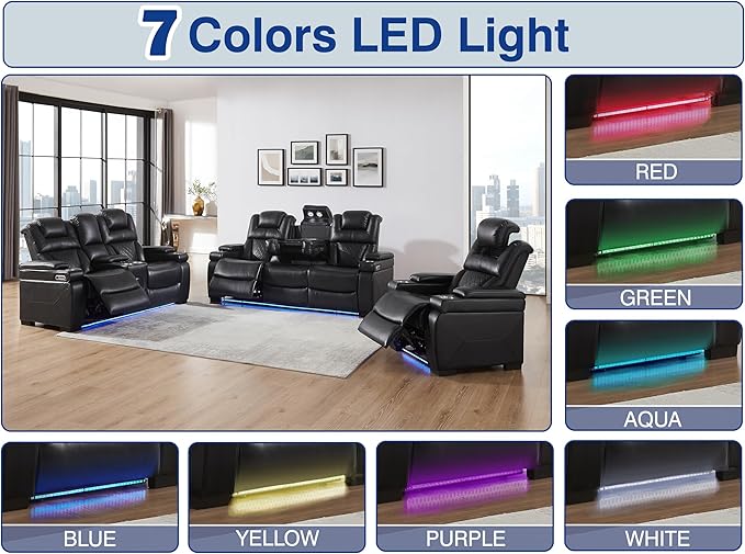 THSUPER Power Breathable Leather Reclining Sofa Set with 7-Color LED Light, Living Room Recliner Couch with Adjustable Headrest/Reading Light/USB Port/Wireless Charing/Bluetooth Speaker, Black