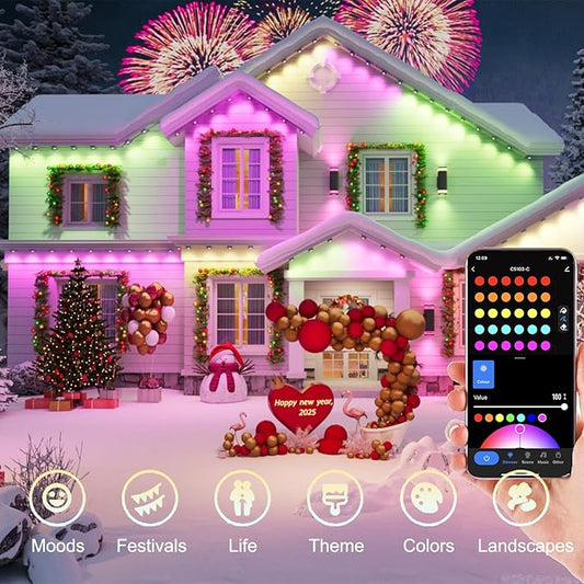 100Ft Permanent Outdoor Light with 72 LED Lights, RGB+IC Eaves Lights,Color-Changing Waterproof Lights with 63 Scene Modes,APP & Voice Control,for Christmas, Halloween, Parties, and Holiday Dรฉcor