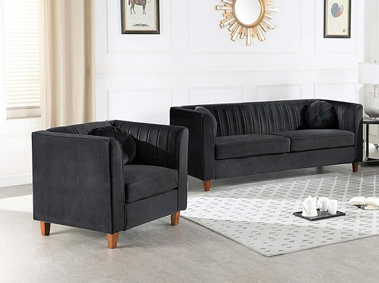 Container Furniture Direct Arvilla Velvet Chair with Bolster Pillows, Soft Upholstery, Mid Century Modern Design, Chesterfield-Inspired Accent Armchair for Living Rooms, Midnight Black