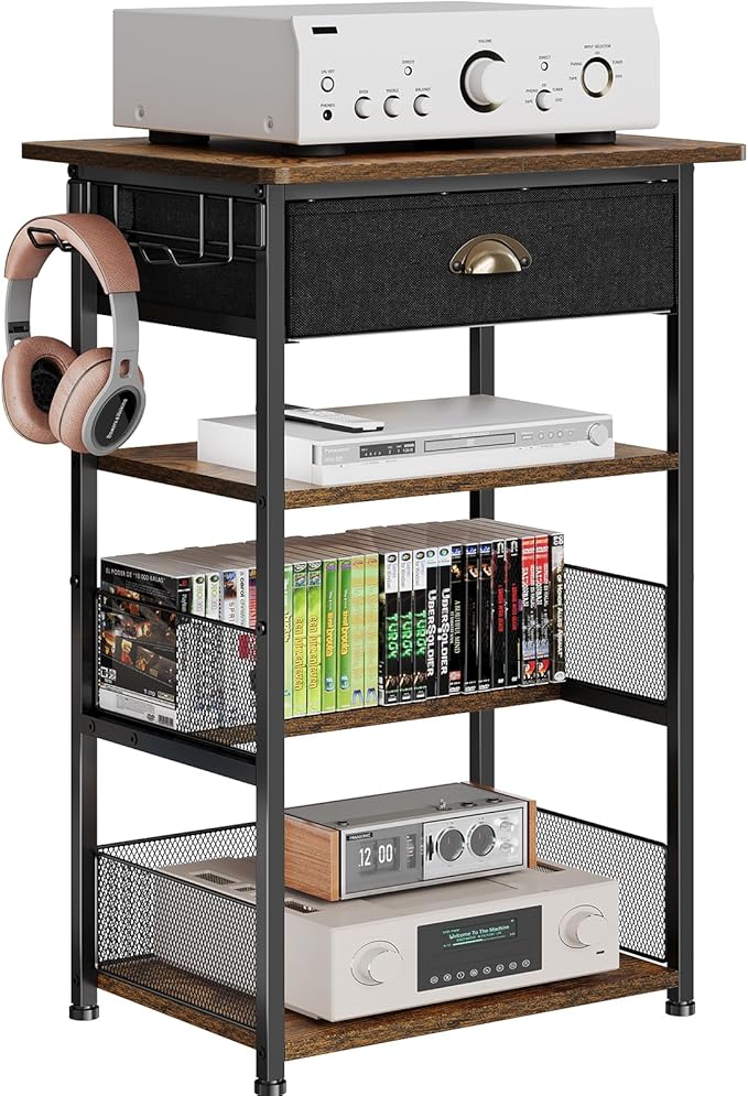 4-Tier AV Media Stand with Drawer, Video Game Console Shelf with 2 Hooks, Audio Rack Tower Perfect for/Xbox/ PS5/Switch/Game Consoles/DVD/Record Player/Projector/Sky Box/TV Accessories