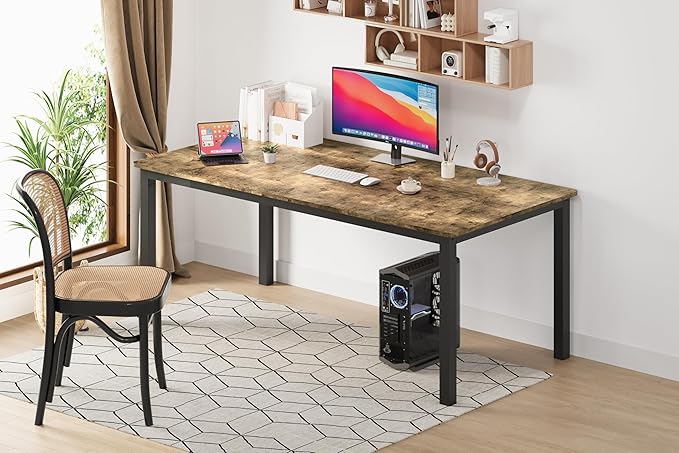 70.9 in Dining Table for 6, Farmhouse Wooden Kitchen Tables for Family, Rectangular Industrial Style Dining Room Table with Sturdy Metal Frame, Long Desk for Restaurant, Kitchen, Office,Retro Brown
