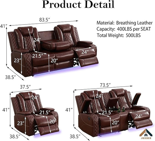 Power Reclining Sofa Sets for Living Room, Leather Recliner Sofa Set with LED Light, Cup Holder, Console Storage, Charging Pad for Home Theater Seating(3 Piece Set,Red)