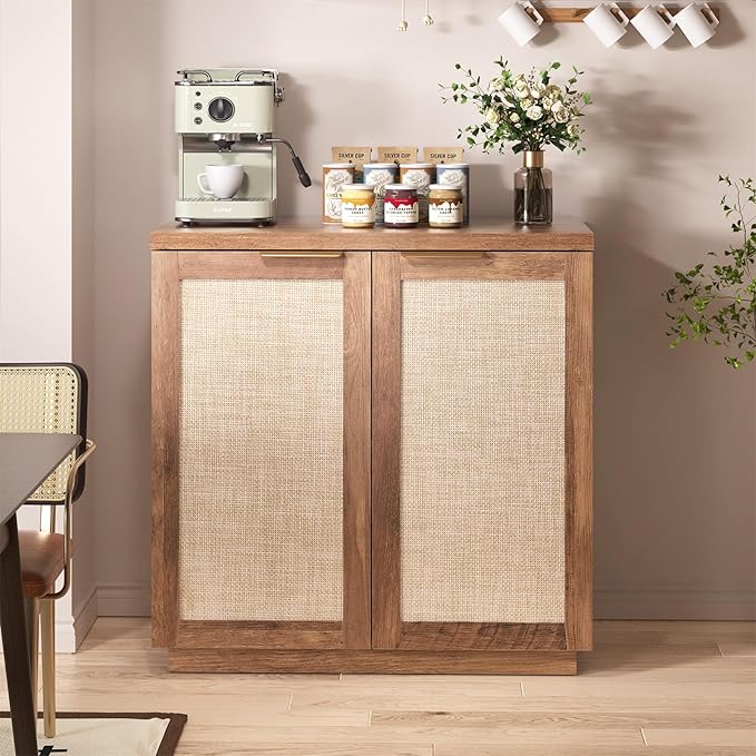HOMMPA 31.5'' Sideboard Buffet Cabinet with Storage Boho Kitchen Buffet Cabinet with 2 Doors and Adjustable Shelves, Rattan Credenza Wood Coffee Bar Cabinets/Table for Living Room, Hallway & Kitchen
