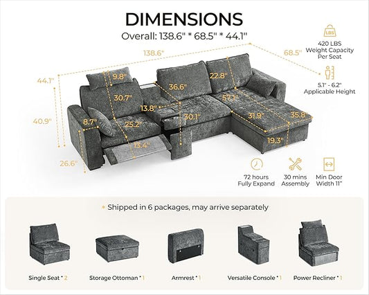 138.6'' Oversized Power Recliner Sofa with Headrest, Modular Cloud Sectional Couch with Convertible Table, Charging, Drawer, Cup Holder, 4-Seater with Storage Ottoman, Chenille, Grey