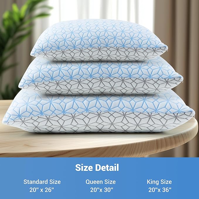 puredown® King Size Pillows Set of 2, Cooling Pillow King Size 2 Pack, Adjustable Shredded Memory Foam Pillows for Side Back Stomach Hot Sleepers, Ice Blue