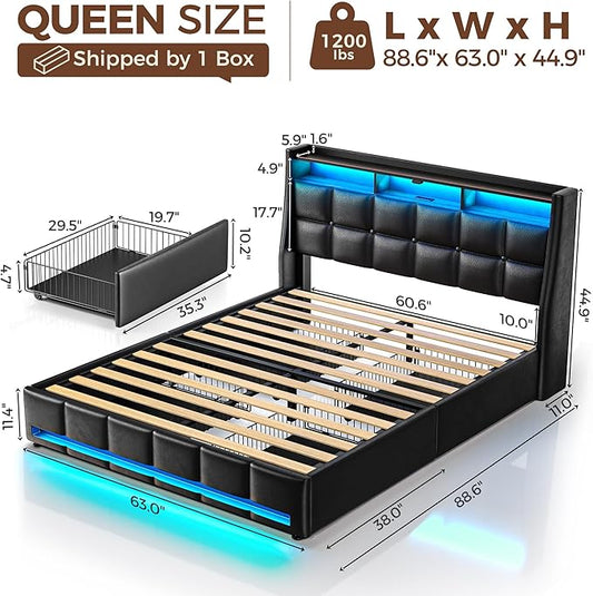Rolanstar Queen Size Bed Frame with LED Lights and Charging Station, PU Leather Bed Storage Headboard & Drawers, Heavy Duty Wood Slats, Easy Assembly, Black