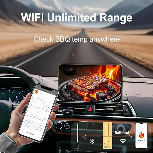 Dual Band WiFi 2.4G+5G Bluetooth Wireless Meat Thermometer, 7 Smart Temperature Sensors, Unlimited Range App Monitoring, 100% Wire-Free Probe for BBQ, Grill, Smoker, Oven & Rotisserie