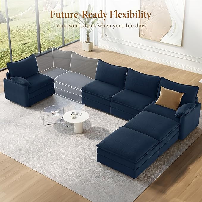 Vesgantti 142" U Shaped Sectional Couch, Comfy Cloud Modular Sectional Sofa with 2 Ottoman Deep Seat Chenille Modern Cloud Sofa, Modular Sofas for Living Room, Bedroom and Apartment, Blue | Sink-in Comfort, Height Adjustable, Easy Rearrangement, Extra-...