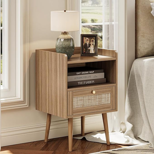 Night Stand Set 2, Nightstands Set of 2 with Charging Station, Rattan Side Tables with Solid Wood Legs, Boho Bedside End Table for Farmhouse Bedroom Dorm Small Space - Brown