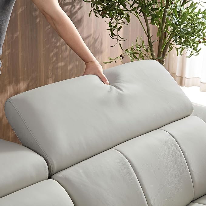 KEIKI 113" L-Shaped Genuine Leather Wall-Hugger Reclining Sofa with Right Chaise, Adjustable Backrest & Footrest, Modern Style Electric Control 3-Seater Couch with USB, for Living Room, Light Grey