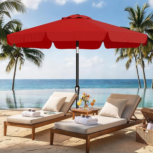 AreShark 9FT Valance Patio Umbrella, Outdoor Table Umbrella with Tilt and Crank, Outdoor Market Umbrellas W/ 8 Sturdy Ribs UV Protection for Garden, Deck, Backyard and Pool, Red