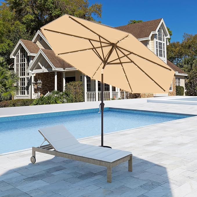 9FT Patio Umbrella with Solar Lights,Outdoor Market Umbrella with Tilt and Crank, LED Lighted Table Umbrella for Garden,Deck,Backyard,Pool,Beach (Khaki)