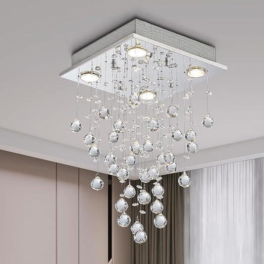 Bestier Chrome Modern Crystal Square Raindrop Chandelier Lighting Flush Mount LED Ceiling Light Fixture Pendant Lamp for Dining Room Bathroom Bedroom Livingroom 4 GU10 Bulbs Required 12" Wide 20" High
