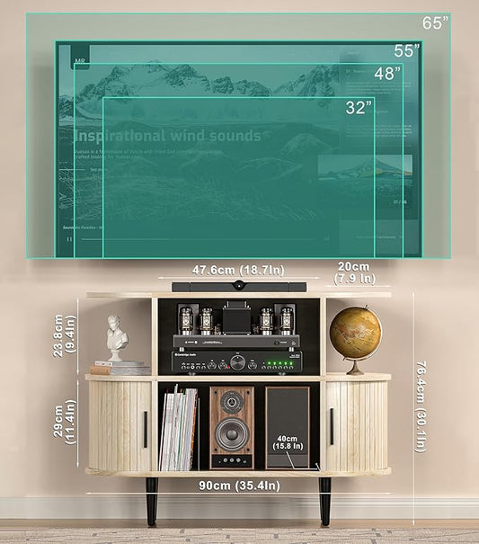 35.4" Fluted Small TV Stand, Mid Century Modern TV Stands for Bedroom,TV Entertainment Center with Storage for TVs, Round Media Console Cabinet with Sliding Doors for Bedroom, Living Room, Nature