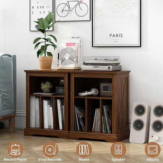 Farmhouse Record Player Stand, 3 Tier End Table, Turntable Stand with Vinyl Record Storage ,Wood Record Holder Cabinet Dispaly Shelf for Living Room,Bedroom,Rustic Brown