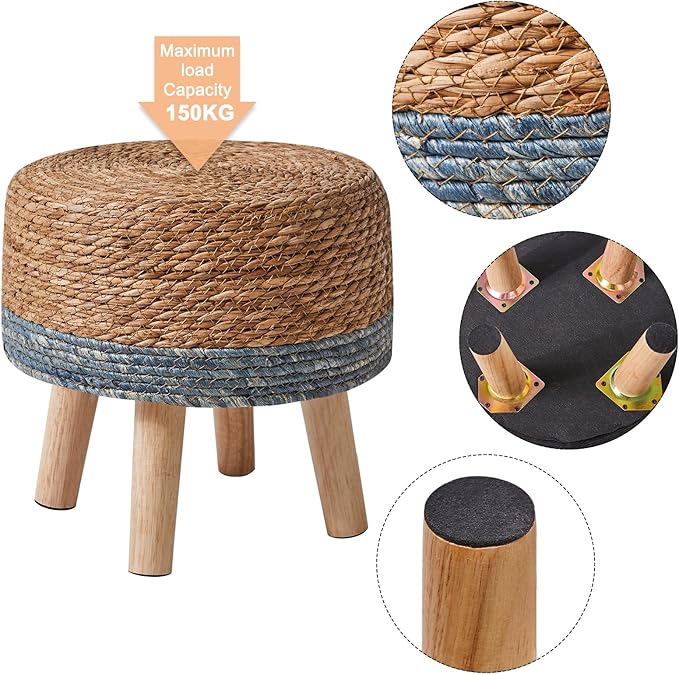 YMYNY Foot Stool Natural Seagrass Hand Weave, 12.6" Small Ottoman, Round Footrest for Living Room, Bedroom, Entryway, Change Shoes Stool, Non-Skid Wood Legs, Boho, Natural+Blue, UHBD027Q